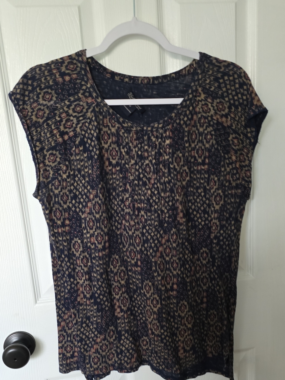 Lucky Womens Navy & Tan Patterned Short Sleeve Top